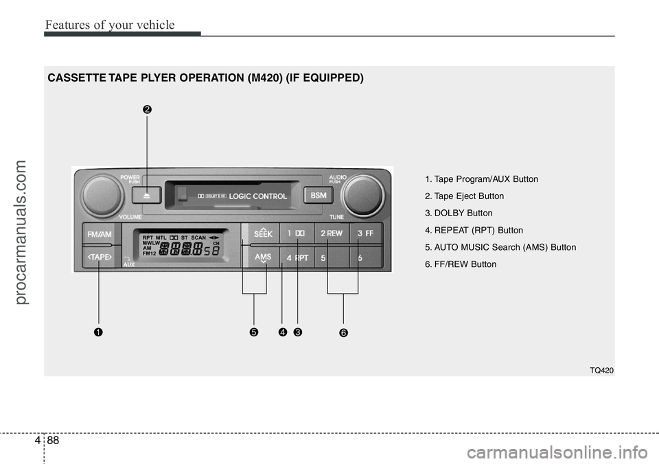 HYUNDAI I800 2015 Owners Manual Features of your vehicle
88 4
1. Tape Program/AUX Button
2. Tape Eject Button
3. DOLBY Button
4. REPEAT (RPT) Button
5. AUTO MUSIC Search (AMS) Button
6. FF/REW Button
CASSETTE TAPE PLYER OPERATION ( HYUNDAI I800 2015 Owners Manual Features of your vehicle
88 4
1. Tape Program/AUX Button
2. Tape Eject Button
3. DOLBY Button
4. REPEAT (RPT) Button
5. AUTO MUSIC Search (AMS) Button
6. FF/REW Button
CASSETTE TAPE PLYER OPERATION (