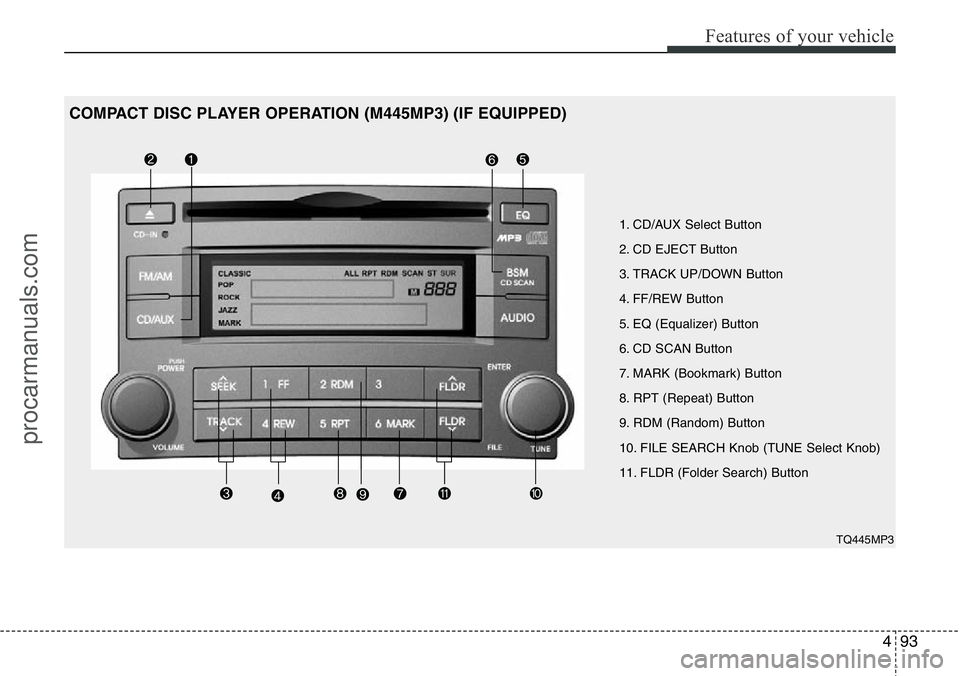 HYUNDAI I800 2015 Owners Manual 493
Features of your vehicle
1. CD/AUX Select Button
2. CD EJECT Button
3. TRACK UP/DOWN Button
4. FF/REW Button
5. EQ (Equalizer) Button
6. CD SCAN Button
7. MARK (Bookmark) Button
8. RPT (Repeat) Bu HYUNDAI I800 2015 Owners Manual 493
Features of your vehicle
1. CD/AUX Select Button
2. CD EJECT Button
3. TRACK UP/DOWN Button
4. FF/REW Button
5. EQ (Equalizer) Button
6. CD SCAN Button
7. MARK (Bookmark) Button
8. RPT (Repeat) Bu