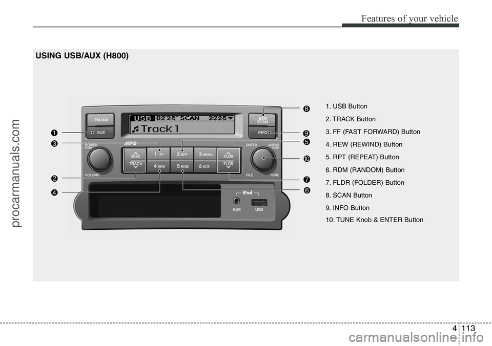 HYUNDAI I800 2015 Owners Manual 4113
Features of your vehicle
USING USB/AUX (H800)
1. USB Button
2. TRACK Button
3. FF (FAST FORWARD) Button
4. REW (REWIND) Button
5. RPT (REPEAT) Button
6. RDM (RANDOM) Button
7. FLDR (FOLDER) Butto HYUNDAI I800 2015 Owners Manual 4113
Features of your vehicle
USING USB/AUX (H800)
1. USB Button
2. TRACK Button
3. FF (FAST FORWARD) Button
4. REW (REWIND) Button
5. RPT (REPEAT) Button
6. RDM (RANDOM) Button
7. FLDR (FOLDER) Butto