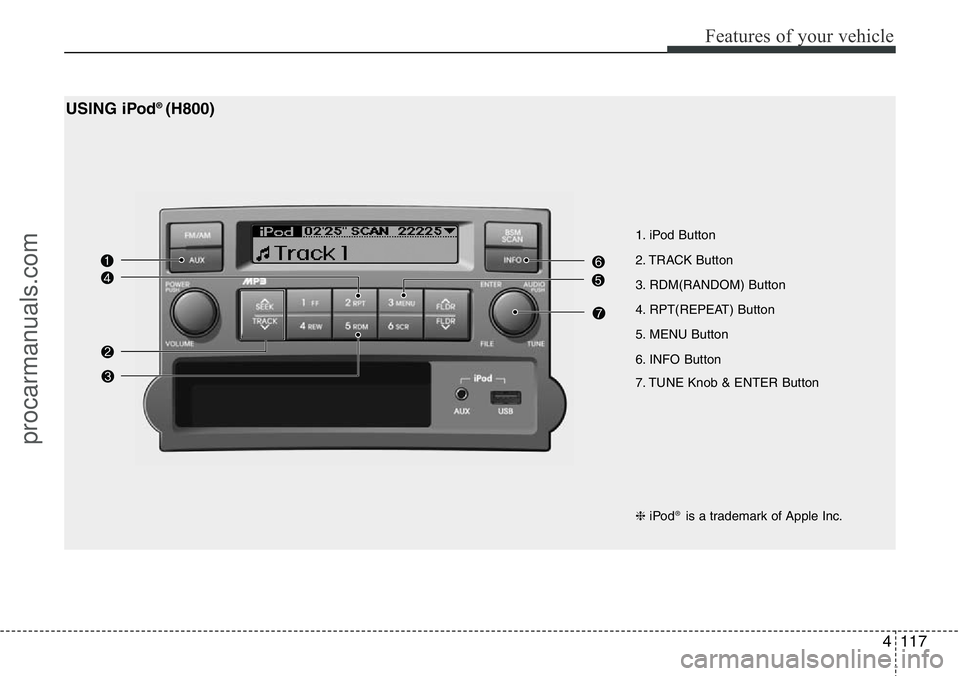 HYUNDAI I800 2015 Owners Manual 4117
Features of your vehicle
1. iPod Button
2. TRACK Button
3. RDM(RANDOM) Button
4. RPT(REPEAT) Button
5. MENU Button
6. INFO Button
7. TUNE Knob & ENTER Button
USING iPod®(H800)
❈iPod®is a trad HYUNDAI I800 2015 Owners Manual 4117
Features of your vehicle
1. iPod Button
2. TRACK Button
3. RDM(RANDOM) Button
4. RPT(REPEAT) Button
5. MENU Button
6. INFO Button
7. TUNE Knob & ENTER Button
USING iPod®(H800)
❈iPod®is a trad