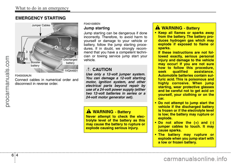 HYUNDAI I800 2015  Owners Manual What to do in an emergency
4 6
EMERGENCY STARTING
F040000AUN
Connect cables in numerical order and
disconnect in reverse order.
F040100BEN
Jump starting  
Jump starting can be dangerous if done
incorr