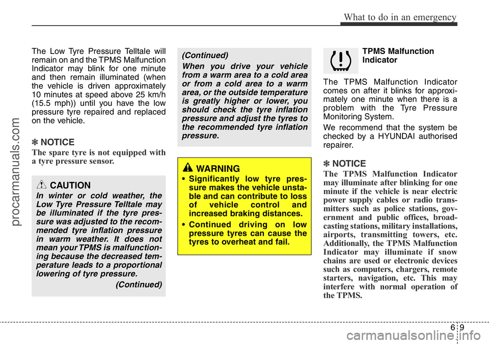 HYUNDAI I800 2015 Owners Manual 69
What to do in an emergency
The Low Tyre Pressure Telltale will
remain on and the TPMS Malfunction
Indicator may blink for one minute
and then remain illuminated (when
the vehicle is driven approxim HYUNDAI I800 2015 Owners Manual 69
What to do in an emergency
The Low Tyre Pressure Telltale will
remain on and the TPMS Malfunction
Indicator may blink for one minute
and then remain illuminated (when
the vehicle is driven approxim