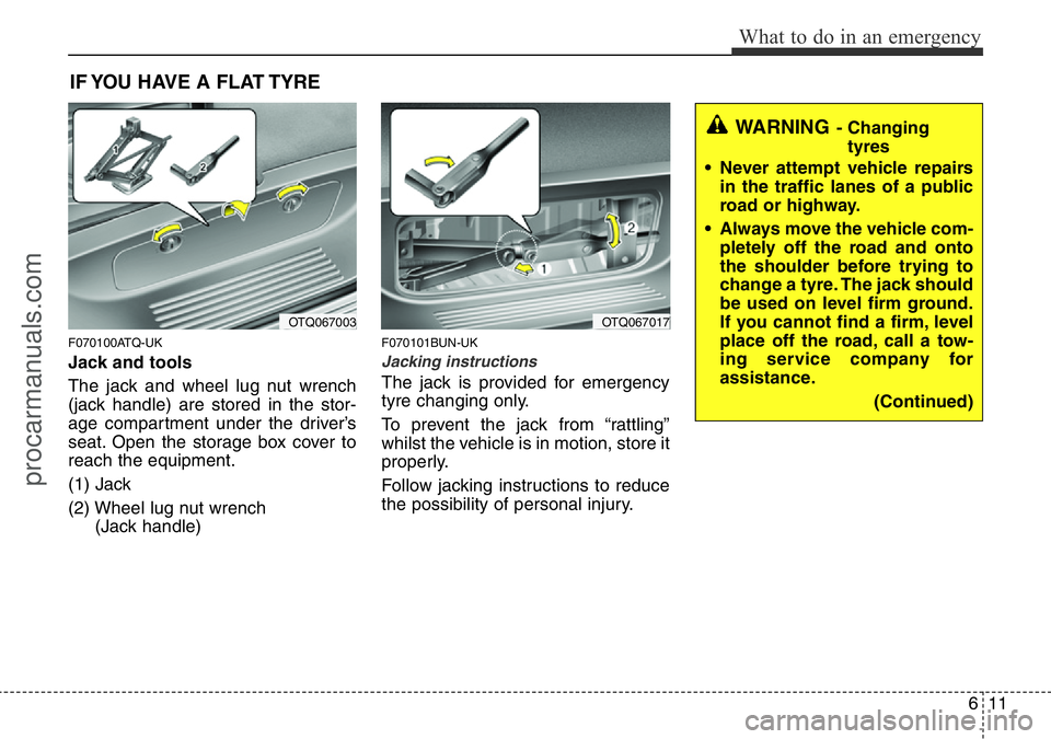 HYUNDAI I800 2015  Owners Manual 611
What to do in an emergency
IF YOU HAVE A FLAT TYRE
F070100ATQ-UK
Jack and tools
The jack and wheel lug nut wrench
(jack handle) are stored in the stor-
age compartment under the driver’s
seat. O
