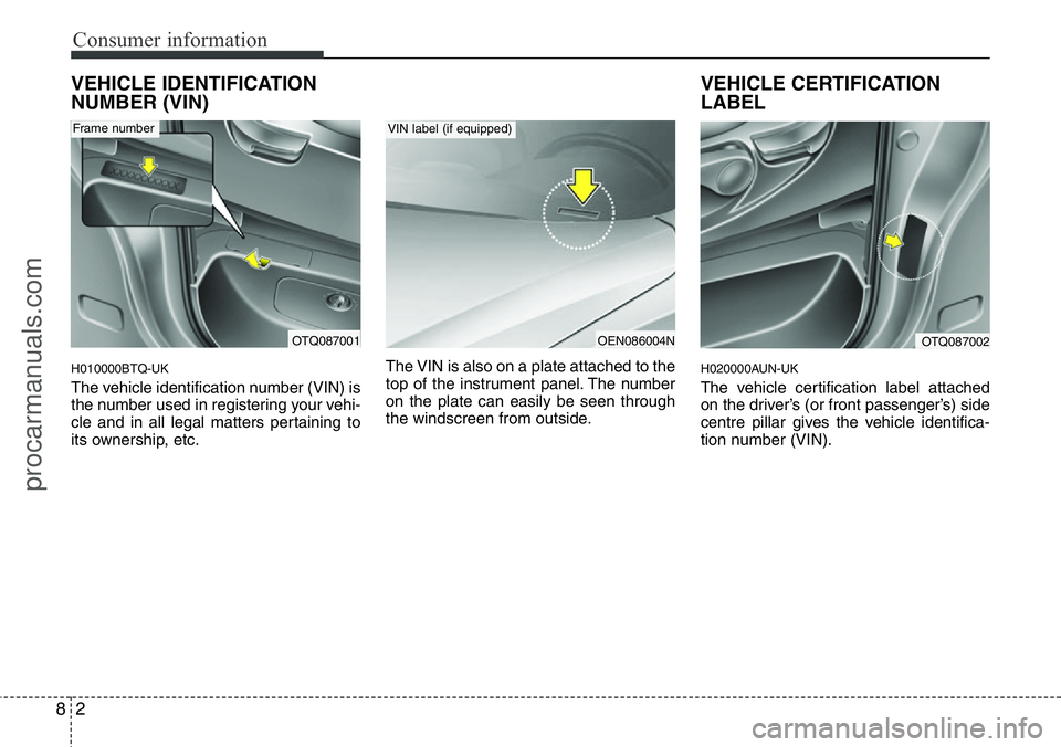 HYUNDAI I800 2015  Owners Manual Consumer information
2 8
VEHICLE IDENTIFICATION
NUMBER (VIN)
H010000BTQ-UK
The vehicle identification number (VIN) is
the number used in registering your vehi-
cle and in all legal matters pertaining 