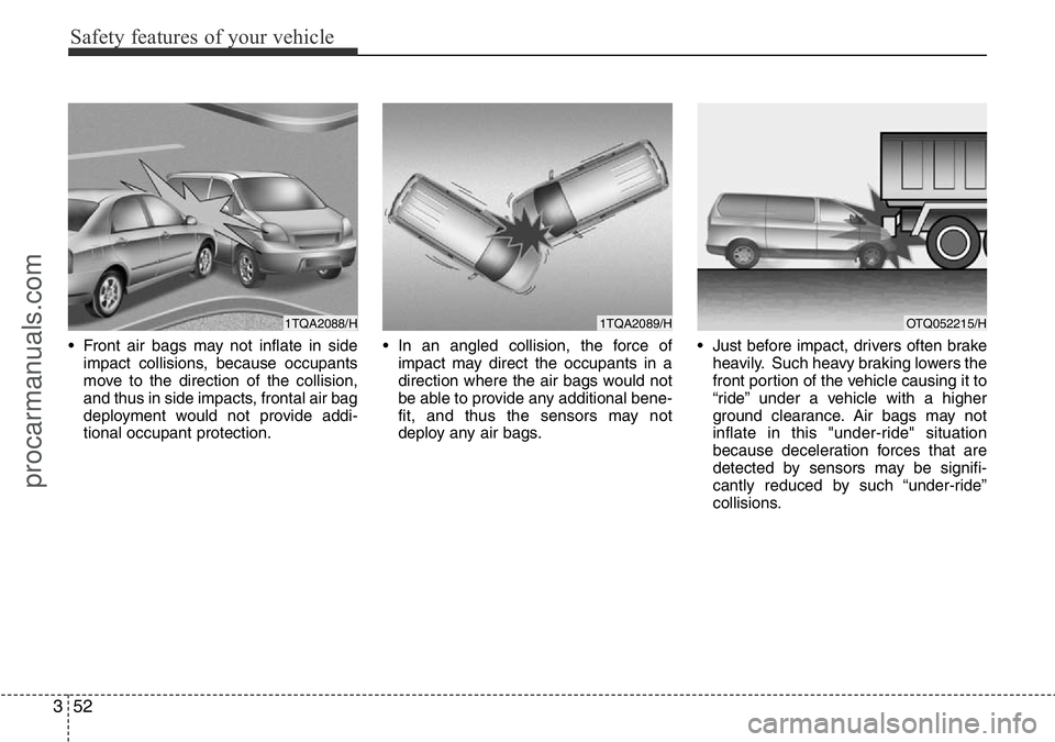 HYUNDAI I800 2015 Repair Manual Safety features of your vehicle
52 3
• Front air bags may not inflate in side
impact collisions, because occupants
move to the direction of the collision,
and thus in side impacts, frontal air bag
d