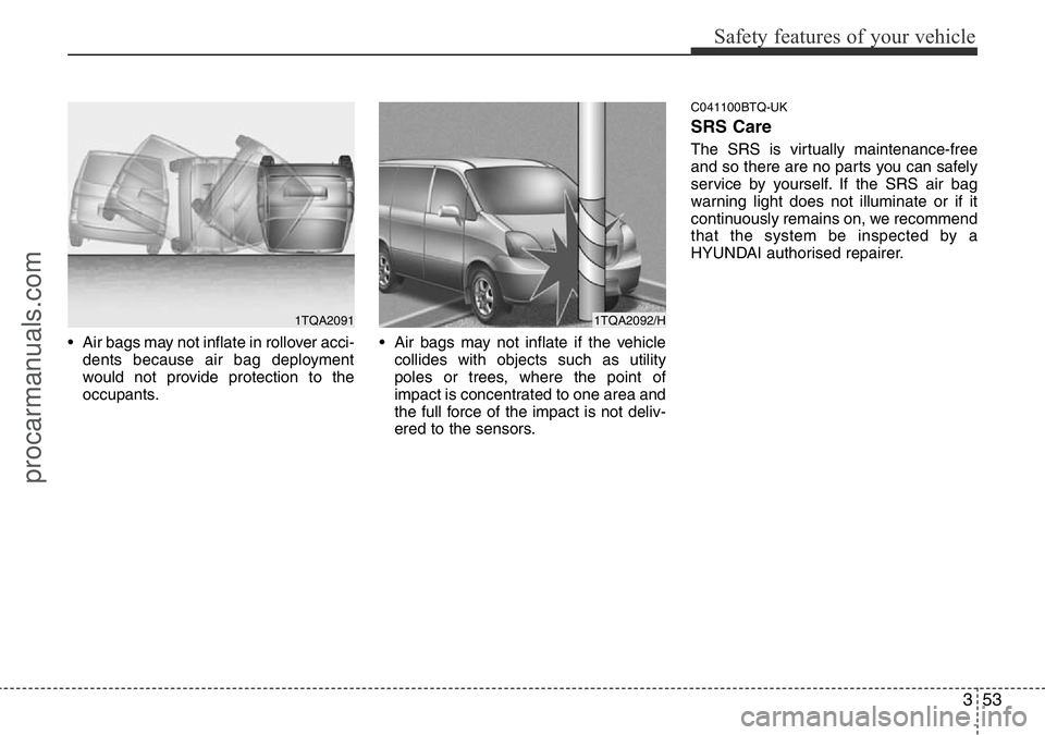 HYUNDAI I800 2015 Repair Manual 353
Safety features of your vehicle
• Air bags may not inflate in rollover acci-
dents because air bag deployment
would not provide protection to the
occupants.• Air bags may not inflate if the ve