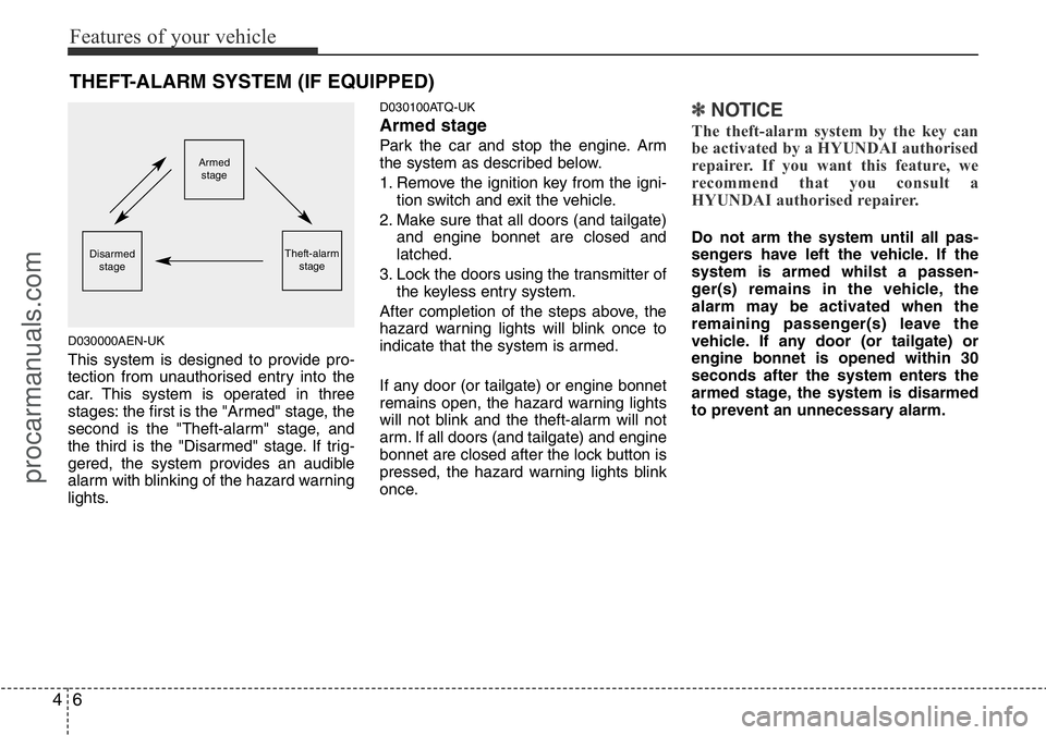HYUNDAI I800 2015 Manual PDF Features of your vehicle
6 4
D030000AEN-UK
This system is designed to provide pro-
tection from unauthorised entry into the
car. This system is operated in three
stages: the first is the "Armed