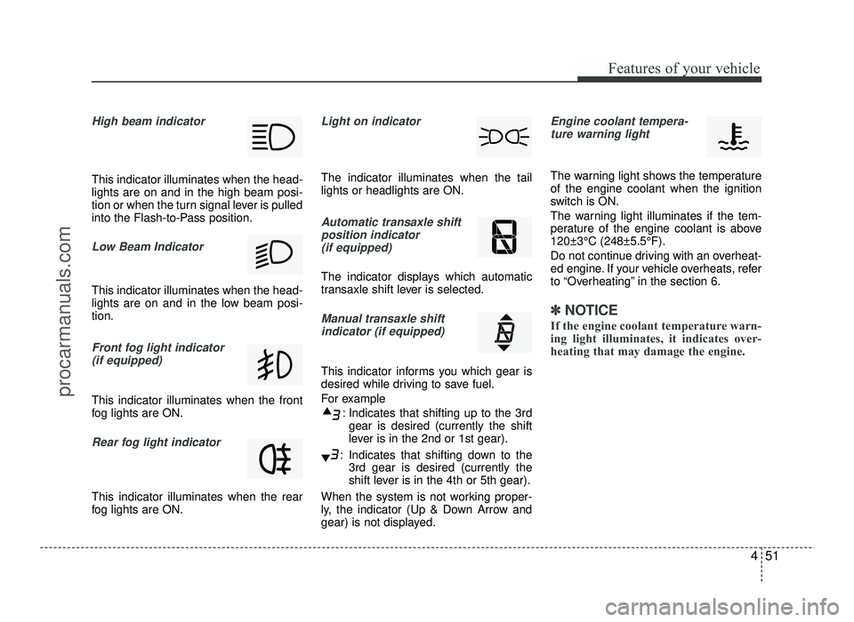 HYUNDAI IX20 2017 Owners Manual 451
Features of your vehicle
High beam indicator
This indicator illuminates when the head- lights are on and in the high beam posi-
tion or when the turn signal lever is pulled
into the Flash-to-Pass HYUNDAI IX20 2017 Owners Manual 451
Features of your vehicle
High beam indicator
This indicator illuminates when the head- lights are on and in the high beam posi-
tion or when the turn signal lever is pulled
into the Flash-to-Pass