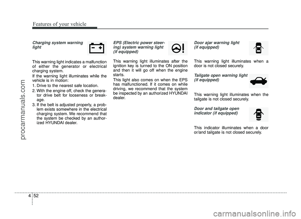 HYUNDAI IX20 2017 Owners Manual Features of your vehicle
52
4
Charging system warning
light
This warning light indicates a malfunction
of either the generator or electricalcharging system.
If the warning light illuminates while th HYUNDAI IX20 2017 Owners Manual Features of your vehicle
52
4
Charging system warning
light
This warning light indicates a malfunction
of either the generator or electricalcharging system.
If the warning light illuminates while th