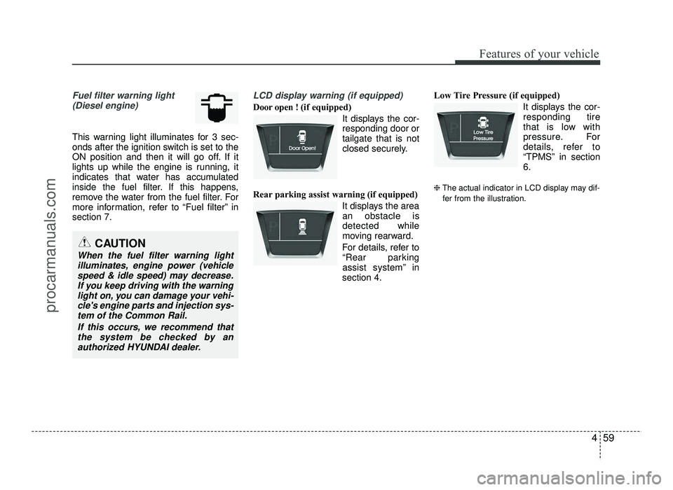 HYUNDAI IX20 2017 Owners Manual 459
Features of your vehicle
Fuel filter warning light(Diesel engine)
This warning light illuminates for 3 sec-
onds after the ignition switch is set to the
ON position and then it will go off. If it HYUNDAI IX20 2017 Owners Manual 459
Features of your vehicle
Fuel filter warning light(Diesel engine)
This warning light illuminates for 3 sec-
onds after the ignition switch is set to the
ON position and then it will go off. If it