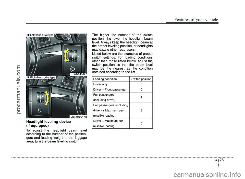 HYUNDAI IX20 2017 Owners Manual 475
Features of your vehicle
Headlight leveling device (if equipped)
To adjust the headlight beam level
according to the number of the passen-
gers and loading weight in the luggage
area, turn the HYUNDAI IX20 2017 Owners Manual 475
Features of your vehicle
Headlight leveling device (if equipped)
To adjust the headlight beam level
according to the number of the passen-
gers and loading weight in the luggage
area, turn the