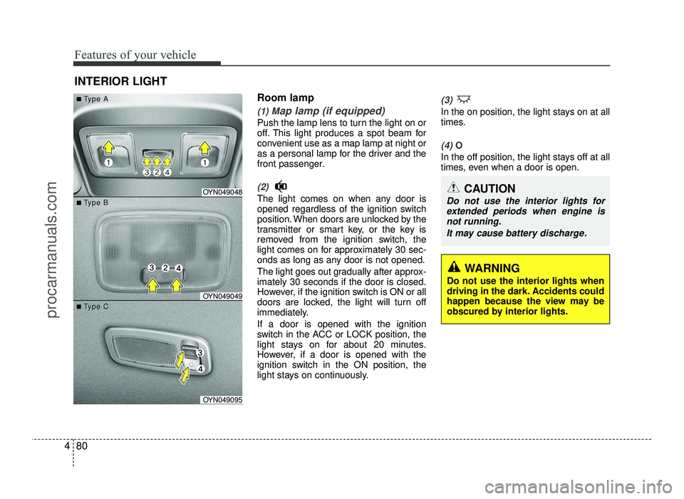 HYUNDAI IX20 2017 Owners Manual Features of your vehicle
80
4
Room lamp
(1) Map lamp (if equipped)
Push the lamp lens to turn the light on or
off. This light produces a spot beam for
convenient use as a map lamp at night or
as a pe HYUNDAI IX20 2017 Owners Manual Features of your vehicle
80
4
Room lamp
(1) Map lamp (if equipped)
Push the lamp lens to turn the light on or
off. This light produces a spot beam for
convenient use as a map lamp at night or
as a pe