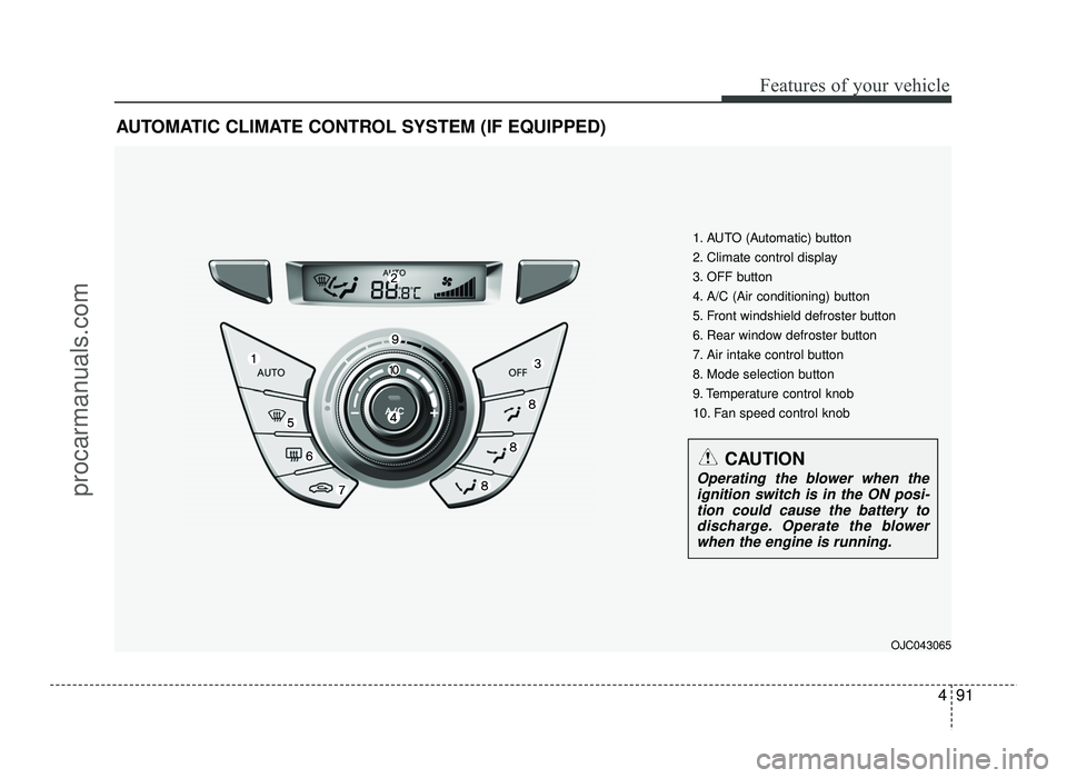 HYUNDAI IX20 2017 Owners Manual 491
Features of your vehicle
AUTOMATIC CLIMATE CONTROL SYSTEM (IF EQUIPPED)OJC043065
1. AUTO (Automatic) button
2. Climate control display
3. OFF button
4. A/C (Air conditioning) button
5. Front wind HYUNDAI IX20 2017 Owners Manual 491
Features of your vehicle
AUTOMATIC CLIMATE CONTROL SYSTEM (IF EQUIPPED)OJC043065
1. AUTO (Automatic) button
2. Climate control display
3. OFF button
4. A/C (Air conditioning) button
5. Front wind