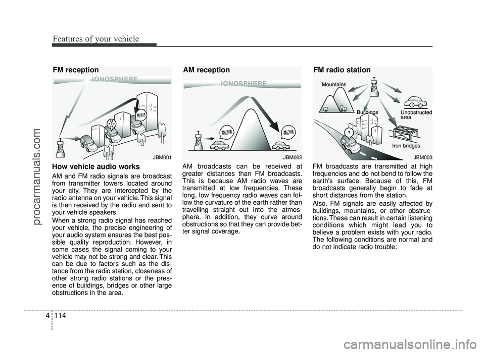 HYUNDAI IX20 2017 Owners Manual Features of your vehicle
114
4
How vehicle audio works
AM and FM radio signals are broadcast
from transmitter towers located around
your city. They are intercepted by the
radio antenna on your vehic HYUNDAI IX20 2017 Owners Manual Features of your vehicle
114
4
How vehicle audio works
AM and FM radio signals are broadcast
from transmitter towers located around
your city. They are intercepted by the
radio antenna on your vehic