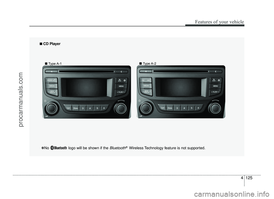 HYUNDAI IX20 2017 Owners Manual 4125
Features of your vehicle
■■
CD Player
❋ No logo will be shown if the
Bluetooth®Wireless Technology feature is not supported.
■ Type A-1 ■
Type A-2
procarmanuals.com HYUNDAI IX20 2017 Owners Manual 4125
Features of your vehicle
■■
CD Player
❋ No logo will be shown if the
Bluetooth®Wireless Technology feature is not supported.
■ Type A-1 ■
Type A-2
procarmanuals.com