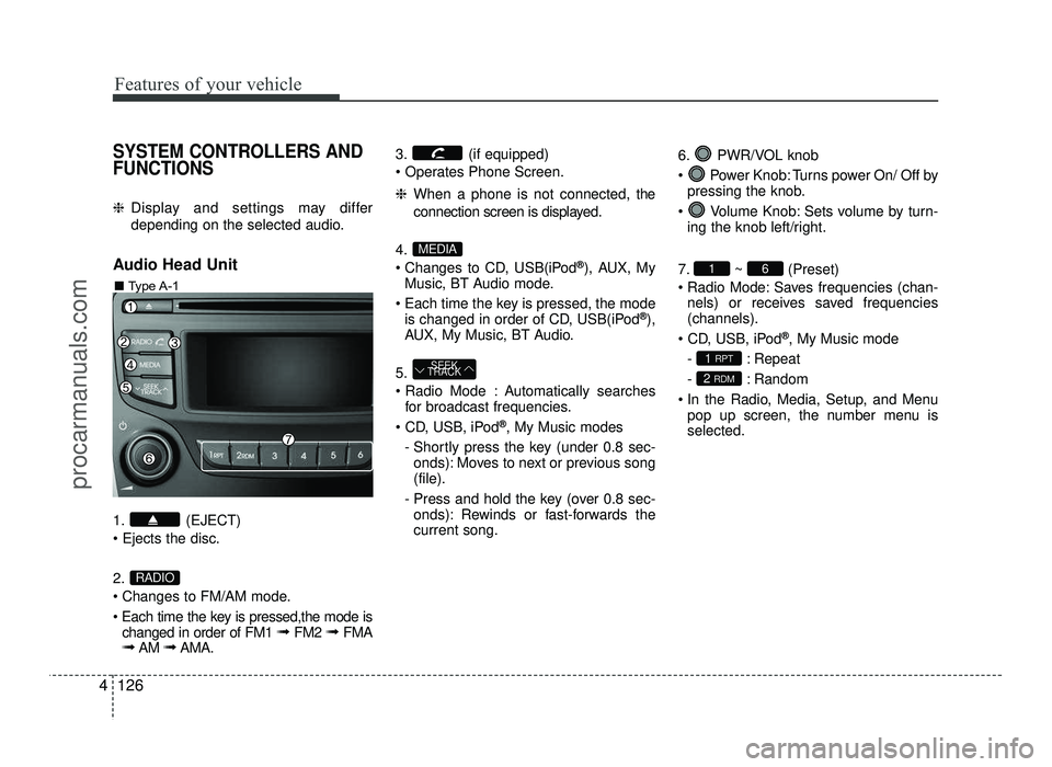 HYUNDAI IX20 2017 Owners Manual Features of your vehicle
126
4
SYSTEM CONTROLLERS AND FUNCTIONS
❈ Display and settings may differ
depending on the selected audio.
Audio Head Unit
1. (EJECT) 2.
Changes to FM/AM mode.
Each ti HYUNDAI IX20 2017 Owners Manual Features of your vehicle
126
4
SYSTEM CONTROLLERS AND FUNCTIONS
❈ Display and settings may differ
depending on the selected audio.
Audio Head Unit
1. (EJECT) 2.
Changes to FM/AM mode.
Each ti