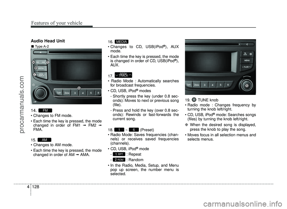 HYUNDAI IX20 2017 Owners Manual Features of your vehicle
128
4
Audio Head Unit 14.
Changes to FM mode.
Each time the key is pressed, the mode
changed in order of FM1 ➟FM2 ➟
FMA.
15.
Each time the key is pressed, the mo HYUNDAI IX20 2017 Owners Manual Features of your vehicle
128
4
Audio Head Unit 14.
Changes to FM mode.
Each time the key is pressed, the mode
changed in order of FM1 ➟FM2 ➟
FMA.
15.
Each time the key is pressed, the mo