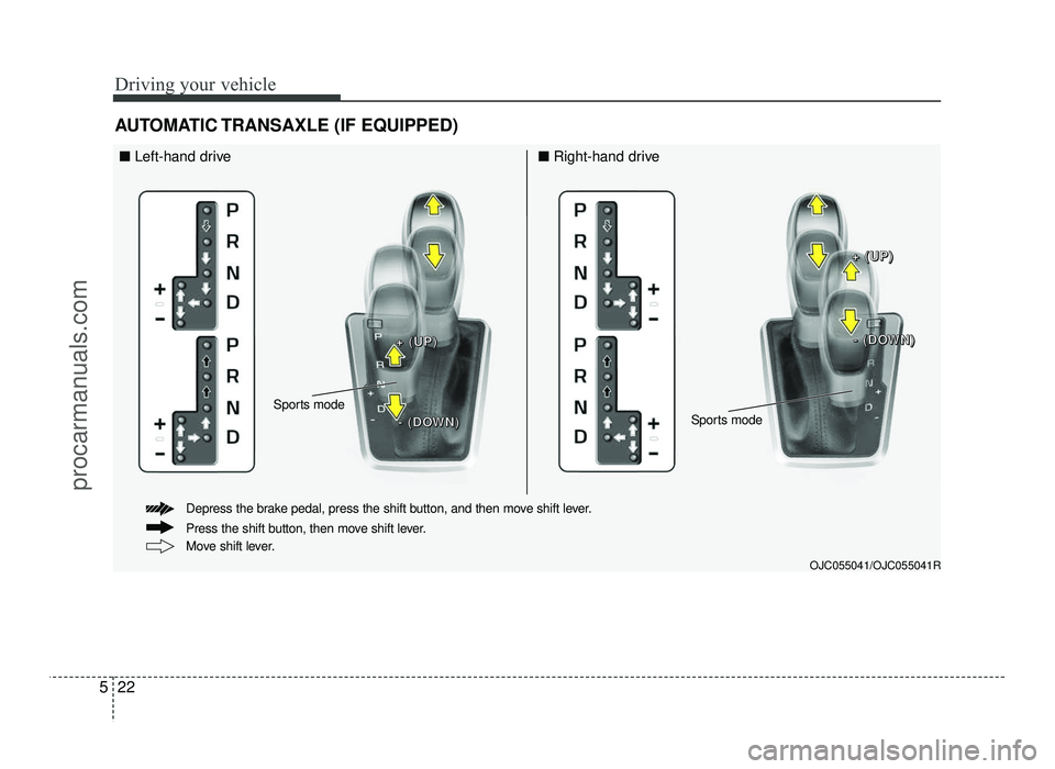 HYUNDAI IX20 2017 Owners Manual Driving your vehicle
22
5
AUTOMATIC TRANSAXLE (IF EQUIPPED)
OJC055041/OJC055041R
■ Left-hand drive ■Right-hand drive
Move shift lever.
Depress the brake pedal, press the shift button, and then mov HYUNDAI IX20 2017 Owners Manual Driving your vehicle
22
5
AUTOMATIC TRANSAXLE (IF EQUIPPED)
OJC055041/OJC055041R
■ Left-hand drive ■Right-hand drive
Move shift lever.
Depress the brake pedal, press the shift button, and then mov