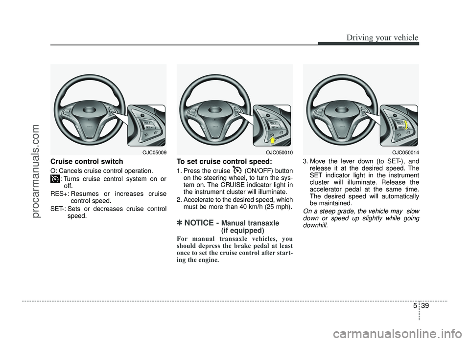 HYUNDAI IX20 2017  Owners Manual 539
Driving your vehicle
Cruise control switch 
O: Cancels cruise control operation.: Turns cruise control system on oroff.
RES+: Resumes or increases cruise control speed.
SET-: Sets or decreases cru HYUNDAI IX20 2017  Owners Manual 539
Driving your vehicle
Cruise control switch 
O: Cancels cruise control operation.: Turns cruise control system on oroff.
RES+: Resumes or increases cruise control speed.
SET-: Sets or decreases cru