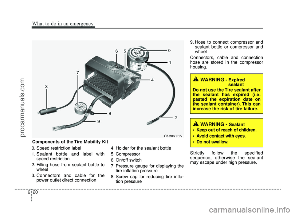 HYUNDAI IX20 2017 Owners Manual What to do in an emergency
20
6
0. Speed restriction label
1. Sealant bottle and label with
speed restriction
2. Filling hose from sealant bottle to wheel
3. Connectors and cable for the power outlet HYUNDAI IX20 2017 Owners Manual What to do in an emergency
20
6
0. Speed restriction label
1. Sealant bottle and label with
speed restriction
2. Filling hose from sealant bottle to wheel
3. Connectors and cable for the power outlet
