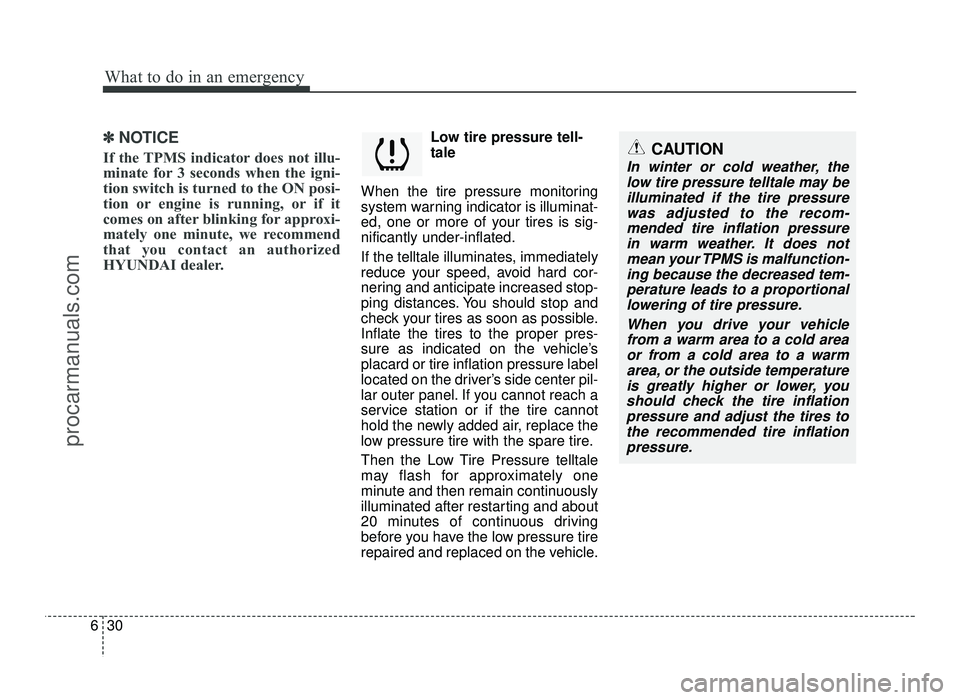 HYUNDAI IX20 2017  Owners Manual What to do in an emergency
30
6
✽✽
NOTICE
If the TPMS indicator does not illu- 
minate for 3 seconds when the igni-
tion switch is turned to the ON posi-
tion or engine is running, or if it
comes 