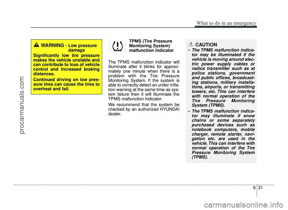 HYUNDAI IX20 2017  Owners Manual 631
What to do in an emergency
TPMS (Tire Pressure Monitoring System)malfunction indicator
The TPMS malfunction indicator will
illuminate after it blinks for approxi-
mately one minute when there is a
