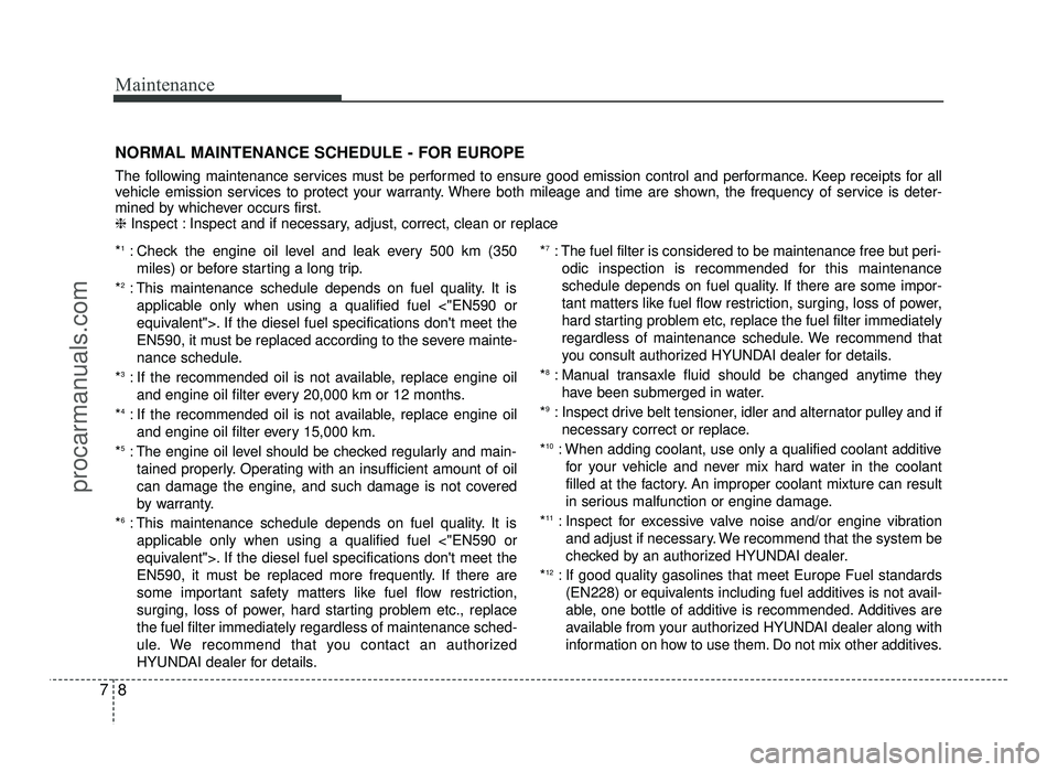 HYUNDAI IX20 2017 Owners Manual Maintenance
8
7
NORMAL MAINTENANCE SCHEDULE - FOR EUROPE
The following maintenance services must be performed to ensure good emission control and performance. Keep receipts for all
vehicle emission HYUNDAI IX20 2017 Owners Manual Maintenance
8
7
NORMAL MAINTENANCE SCHEDULE - FOR EUROPE
The following maintenance services must be performed to ensure good emission control and performance. Keep receipts for all
vehicle emission