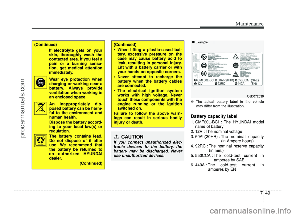 HYUNDAI IX20 2017 Owners Manual 749
Maintenance
❈The actual battery label in the vehicle
may differ from the illustration.
Battery capacity label
1. CMF60L-BCI : The HYUNDAI model name of battery
2. 12V : The nominal voltage
3. HYUNDAI IX20 2017 Owners Manual 749
Maintenance
❈The actual battery label in the vehicle
may differ from the illustration.
Battery capacity label
1. CMF60L-BCI : The HYUNDAI model name of battery
2. 12V : The nominal voltage
3.