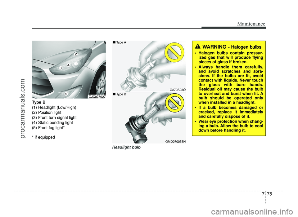 HYUNDAI IX20 2017  Owners Manual 775
Maintenance
Type B 
(1) Headlight (Low/High)
(2) Position light
(3) Front turn signal light(4) Static bending light
(5) Front fog light* * if equipped
Headlight bulb
OJC075027
G270A03O
OMD070053N
