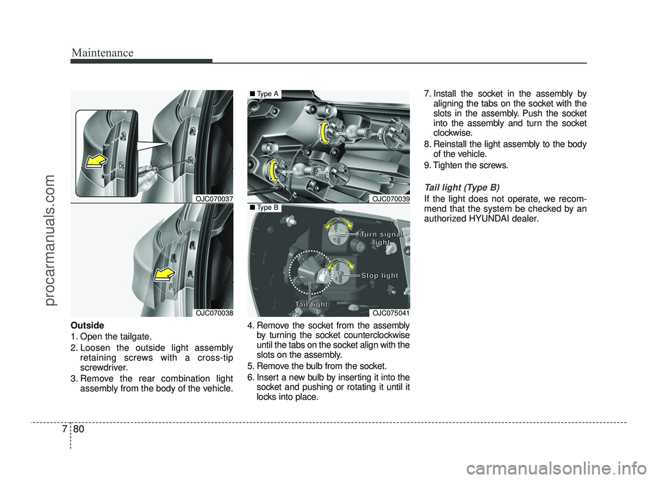 HYUNDAI IX20 2017  Owners Manual Maintenance
80
7
Outside 
1. Open the tailgate.
2. Loosen the outside light assembly
retaining screws with a cross-tip 
screwdriver.
3. Remove the rear combination light assembly from the body of the 