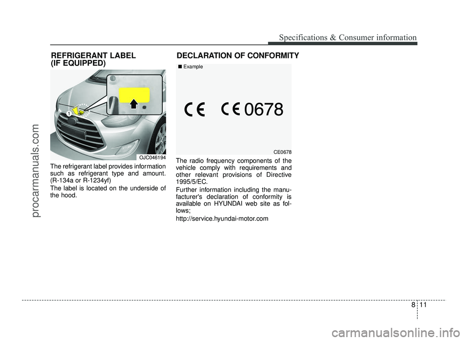 HYUNDAI IX20 2017 Owners Manual 811
Specifications & Consumer information
The refrigerant label provides information
such as refrigerant type and amount.(R-134a or R-1234yf) The label is located on the underside of the hood.The rad HYUNDAI IX20 2017 Owners Manual 811
Specifications & Consumer information
The refrigerant label provides information
such as refrigerant type and amount.(R-134a or R-1234yf) The label is located on the underside of the hood.The rad