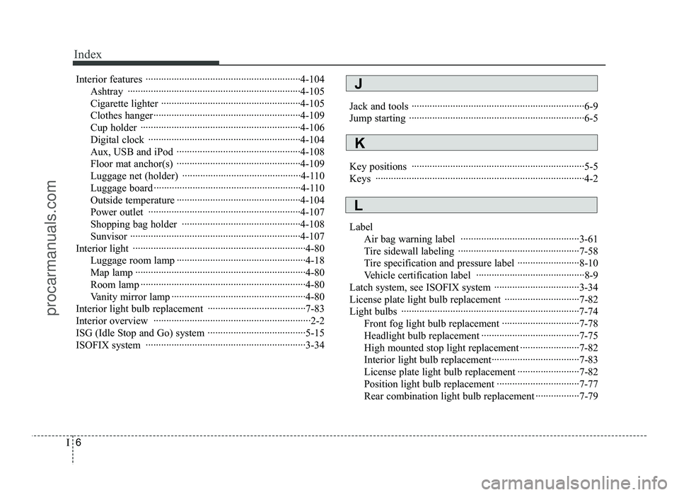 HYUNDAI IX20 2017  Owners Manual Index
6
I
Interior features ····························································4-104
Ashtray ···················