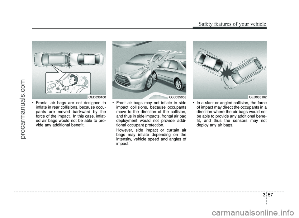 HYUNDAI IX20 2017 Manual PDF 357
Safety features of your vehicle
Frontal air bags are not designed toinflate in rear collisions, because occu-
pants are moved backward by the
force of the impact. In this case, inflat-
ed air ba HYUNDAI IX20 2017 Manual PDF 357
Safety features of your vehicle
Frontal air bags are not designed toinflate in rear collisions, because occu-
pants are moved backward by the
force of the impact. In this case, inflat-
ed air ba