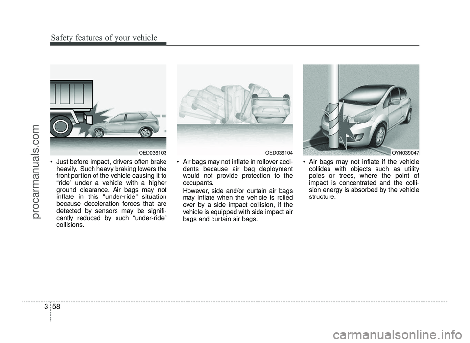 HYUNDAI IX20 2017 Manual PDF Safety features of your vehicle
58
3
Just before impact, drivers often brake
heavily. Such heavy braking lowers the
front portion of the vehicle causing it to
“ride” under a vehicle with a highe HYUNDAI IX20 2017 Manual PDF Safety features of your vehicle
58
3
Just before impact, drivers often brake
heavily. Such heavy braking lowers the
front portion of the vehicle causing it to
“ride” under a vehicle with a highe