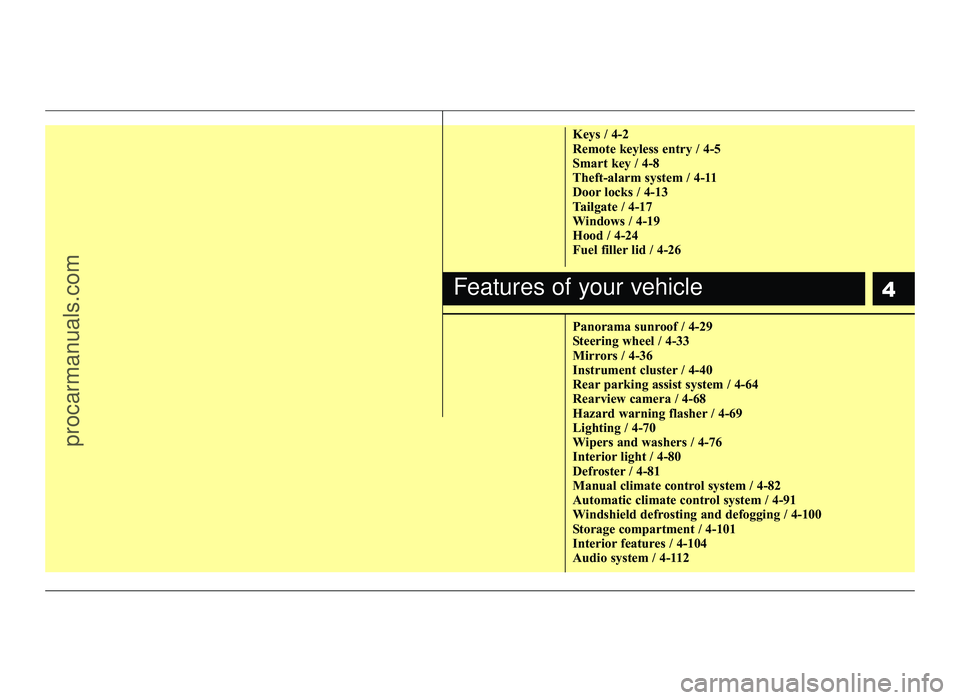 HYUNDAI IX20 2017  Owners Manual 4
Keys / 4-2 
Remote keyless entry / 4-5
Smart key / 4-8
Theft-alarm system / 4-11
Door locks / 4-13
Tailgate / 4-17
Windows / 4-19
Hood / 4-24
Fuel filler lid / 4-26 
Panorama sunroof / 4-29 
Steerin
