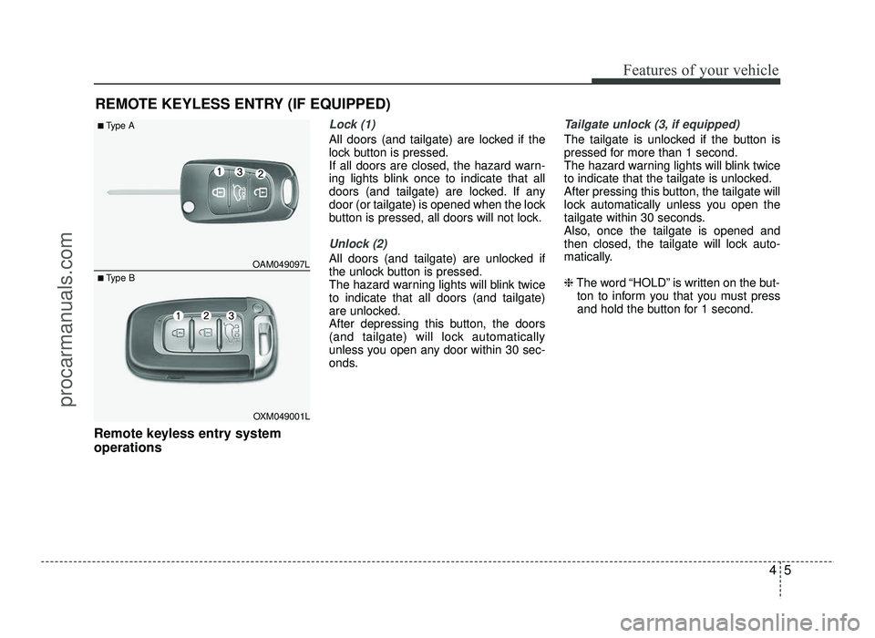 HYUNDAI IX20 2017 Manual Online 45
Features of your vehicle
Remote keyless entry system operations
Lock (1)
All doors (and tailgate) are locked if the
lock button is pressed.
If all doors are closed, the hazard warn-
ing lights bli HYUNDAI IX20 2017 Manual Online 45
Features of your vehicle
Remote keyless entry system operations
Lock (1)
All doors (and tailgate) are locked if the
lock button is pressed.
If all doors are closed, the hazard warn-
ing lights bli