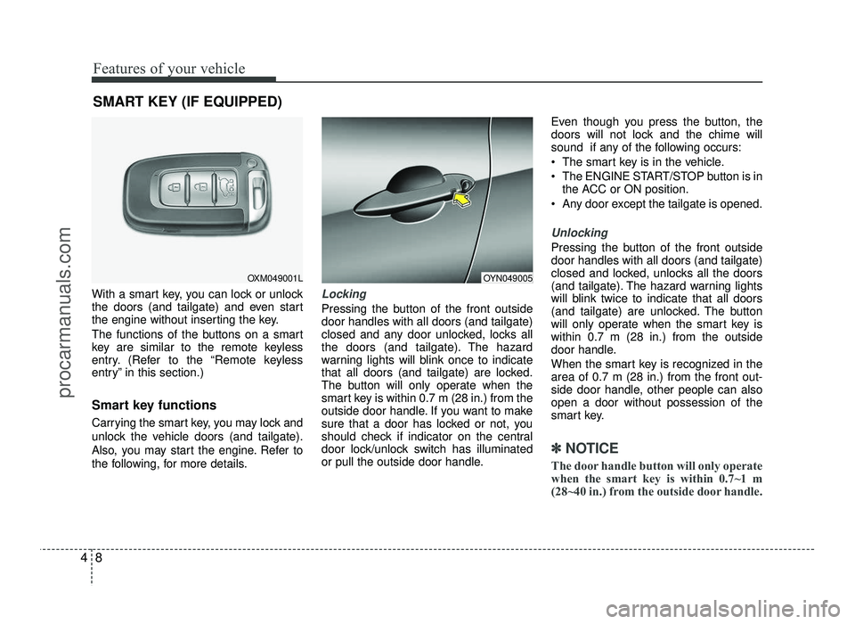 HYUNDAI IX20 2017 Manual Online Features of your vehicle
8
4
With a smart key, you can lock or unlock
the doors (and tailgate) and even start
the engine without inserting the key.
The functions of the buttons on a smart
key are s HYUNDAI IX20 2017 Manual Online Features of your vehicle
8
4
With a smart key, you can lock or unlock
the doors (and tailgate) and even start
the engine without inserting the key.
The functions of the buttons on a smart
key are s