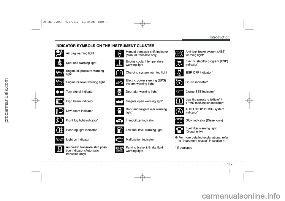 HYUNDAI IX20 2011 Owners Manual 17
Introduction
INDICATOR SYMBOLS ON THE INSTRUMENT CLUSTER
Engine coolant temperature
warning lightSeat belt warning light
High beam indicator
Turn signal indicator
Anti-lock brake system (ABS)
war HYUNDAI IX20 2011 Owners Manual 17
Introduction
INDICATOR SYMBOLS ON THE INSTRUMENT CLUSTER
Engine coolant temperature
warning lightSeat belt warning light
High beam indicator
Turn signal indicator
Anti-lock brake system (ABS)
war