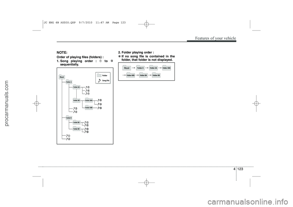 HYUNDAI IX20 2011 Owners Manual 4 123
Features of your vehicle
NOTE:
Order of playing files (folders) :
1. Song playing order : to sequentially. 2. Folder playing order :❋
If no song file is contained in the
folder, that folder HYUNDAI IX20 2011 Owners Manual 4 123
Features of your vehicle
NOTE:
Order of playing files (folders) :
1. Song playing order : to sequentially. 2. Folder playing order :❋
If no song file is contained in the
folder, that folder