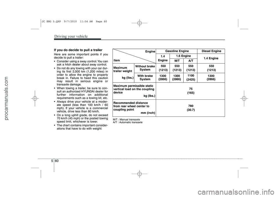 HYUNDAI IX20 2011 Owners Manual Driving your vehicle
60
5
If you do decide to pull a trailer
Here are some important points if you
decide to pull a trailer:
Consider using a sway control. You can
ask a hitch dealer about sway c HYUNDAI IX20 2011 Owners Manual Driving your vehicle
60
5
If you do decide to pull a trailer
Here are some important points if you
decide to pull a trailer:
Consider using a sway control. You can
ask a hitch dealer about sway c