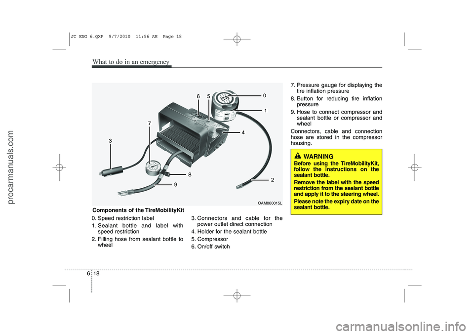 HYUNDAI IX20 2011 Owners Manual What to do in an emergency
18
6
0. Speed restriction label
1. Sealant bottle and label with
speed restriction
2. Filling hose from sealant bottle to wheel 3. Connectors and cable for the
power outlet HYUNDAI IX20 2011 Owners Manual What to do in an emergency
18
6
0. Speed restriction label
1. Sealant bottle and label with
speed restriction
2. Filling hose from sealant bottle to wheel 3. Connectors and cable for the
power outlet