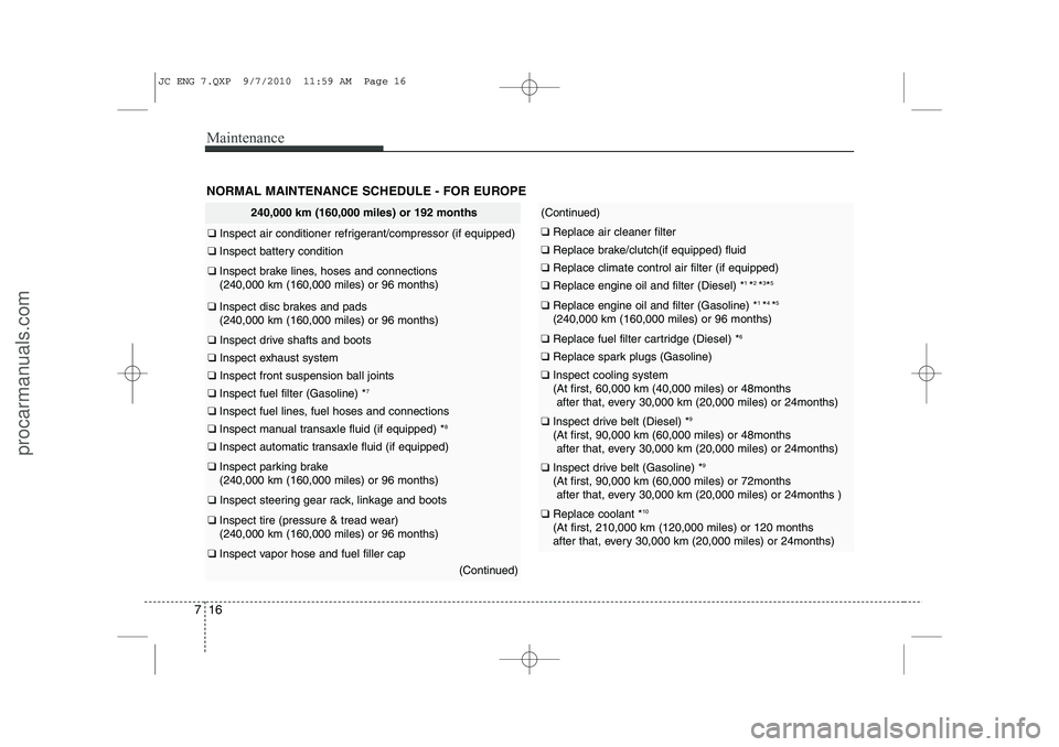 HYUNDAI IX20 2011 Owners Manual Maintenance
16
7
NORMAL MAINTENANCE SCHEDULE - FOR EUROPE
240,000 km (160,000 miles) or 192 months
❑ Inspect air conditioner refrigerant/compressor (if equipped)
❑ Inspect battery condition
❑ I HYUNDAI IX20 2011 Owners Manual Maintenance
16
7
NORMAL MAINTENANCE SCHEDULE - FOR EUROPE
240,000 km (160,000 miles) or 192 months
❑ Inspect air conditioner refrigerant/compressor (if equipped)
❑ Inspect battery condition
❑ I
