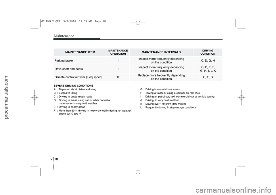 HYUNDAI IX20 2011 Owners Manual Maintenance
18
7
SEVERE DRIVING CONDITIONS
A : Repeated short distance driving
B : Extensive idling
C : Driving in dusty, rough roads
D : Driving in areas using salt or other corrosive
materials or HYUNDAI IX20 2011 Owners Manual Maintenance
18
7
SEVERE DRIVING CONDITIONS
A : Repeated short distance driving
B : Extensive idling
C : Driving in dusty, rough roads
D : Driving in areas using salt or other corrosive
materials or