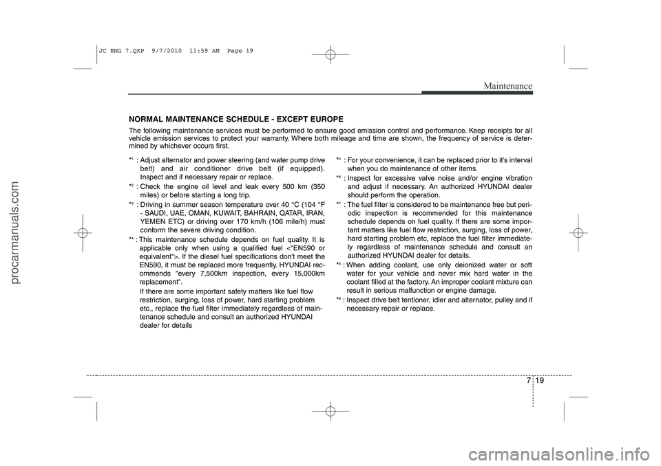 HYUNDAI IX20 2011  Owners Manual 719
Maintenance
NORMAL MAINTENANCE SCHEDULE - EXCEPT EUROPE 
The following maintenance services must be performed to ensure good emission control and performance. Keep receipts for all 
vehicle emissi