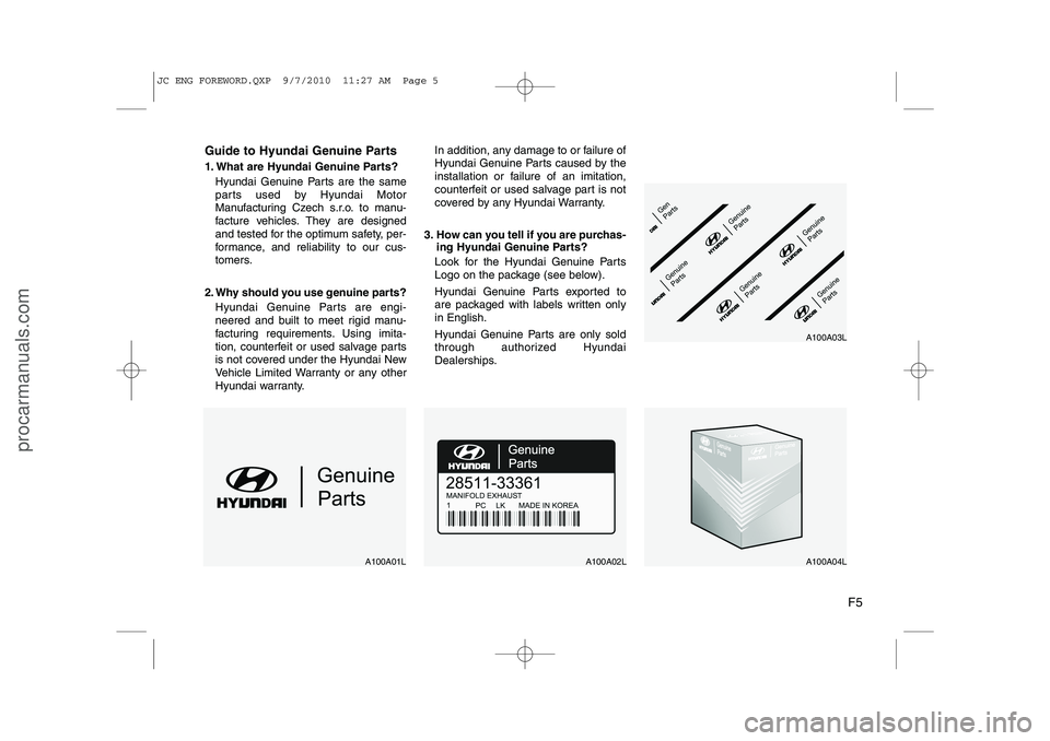 HYUNDAI IX20 2011 Owners Manual F5
Guide to Hyundai Genuine Parts
1. What are Hyundai Genuine Parts?
Hyundai Genuine Parts are the same
parts used by Hyundai Motor
Manufacturing Czech s.r.o. to manu-
facture vehicles. They are des HYUNDAI IX20 2011 Owners Manual F5
Guide to Hyundai Genuine Parts
1. What are Hyundai Genuine Parts?
Hyundai Genuine Parts are the same
parts used by Hyundai Motor
Manufacturing Czech s.r.o. to manu-
facture vehicles. They are des