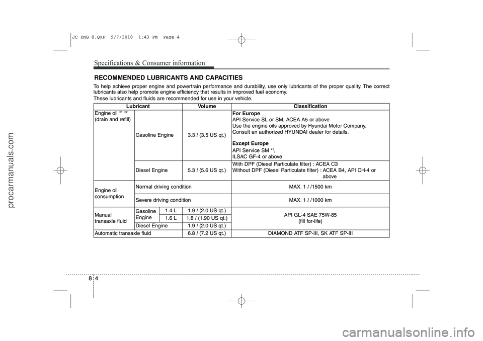 HYUNDAI IX20 2011  Owners Manual Specifications & Consumer information
4
8
RECOMMENDED LUBRICANTS AND CAPACITIES
To help achieve proper engine and powertrain performance and durability, use only lubricants of the proper quality. The 