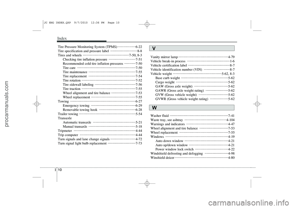 HYUNDAI IX20 2011  Owners Manual Index
10
I
Tire Pressure Monitoring System (TPMS) ·····················6-22 
Tire specification and pressure label  ·······························8