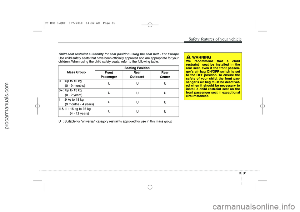 HYUNDAI IX20 2011 Service Manual 331
Safety features of your vehicle
Child seat restraint suitability for seat position using the seat belt - For Europe
Use child safety seats that have been officially approved and are appropriate fo HYUNDAI IX20 2011 Service Manual 331
Safety features of your vehicle
Child seat restraint suitability for seat position using the seat belt - For Europe
Use child safety seats that have been officially approved and are appropriate fo