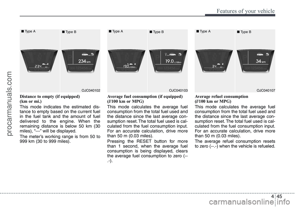 HYUNDAI IX20 2015  Owners Manual 445
Features of your vehicle
Distance to empty (if equipped) 
(km or mi.)
This mode indicates the estimated dis-
tance to empty based on the current fuel
in the fuel tank and the amount of fuel
delive