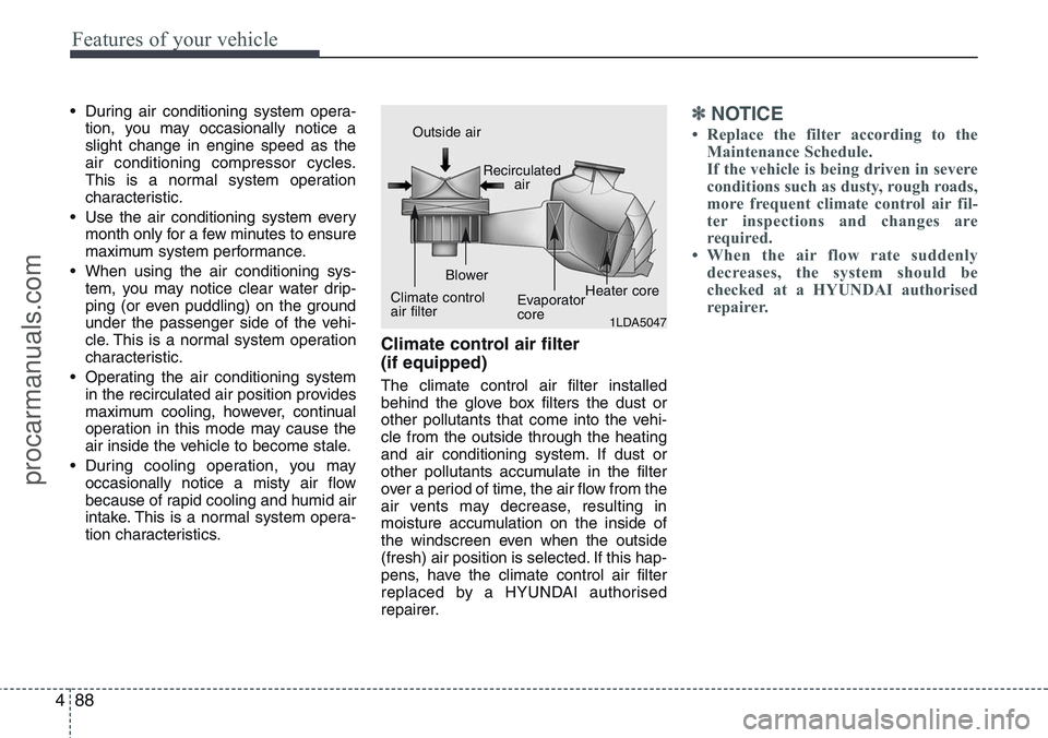 HYUNDAI IX20 2015  Owners Manual Features of your vehicle
88 4
• During air conditioning system opera-
tion, you may occasionally notice a
slight change in engine speed as the
air conditioning compressor cycles.
This is a normal sy